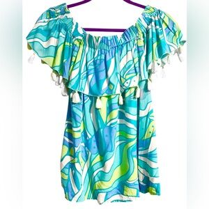 NWT Escada Off-Shoulder Monica Tassel Top in Aqua Teal Lime Print Size S